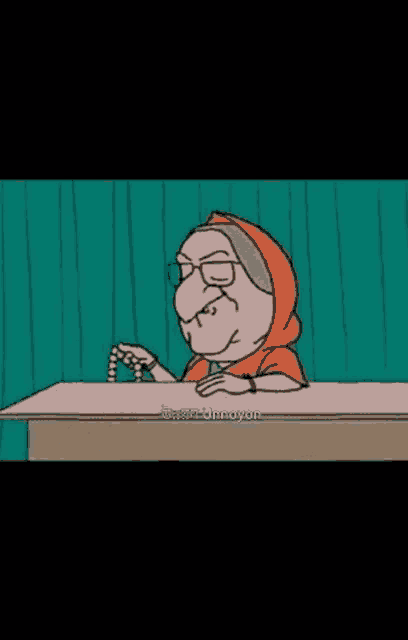 a cartoon of a woman sitting at a table with a rosary .