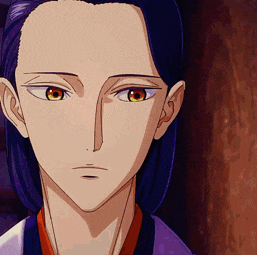 a cartoon character with purple hair and yellow eyes