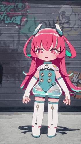 a girl with pink hair is standing in front of a garage door with graffiti on it that says new
