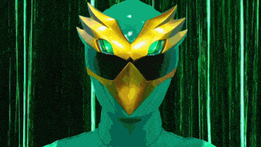 a green power ranger with a gold helmet