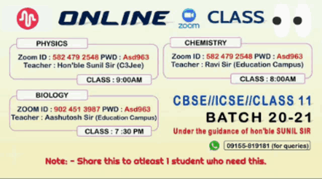 a flyer for online classes for physics chemistry and biology