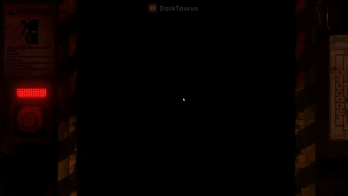 a yellow teddy bear with blue eyes is standing in a dark room with a sign that says darktaurus on it