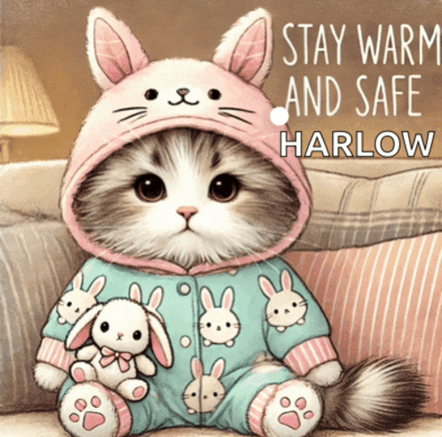 a cat wearing a bunny costume is sitting on a couch with the words stay warm and safe harlow below it