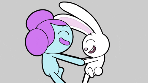 a cartoon of a white rabbit and a purple rabbit