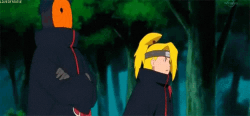 two anime characters are standing next to each other in a forest .