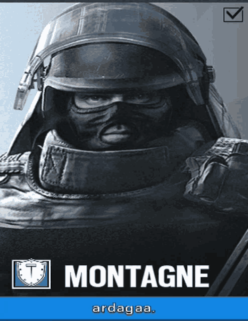a video game character named montagne is wearing a helmet