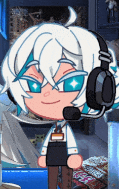 a cartoon character is wearing headphones and a name tag that says ' a ' on it