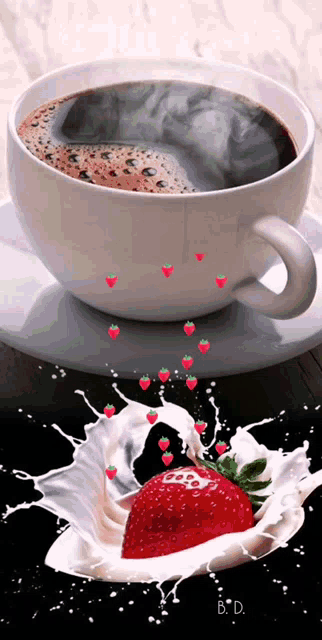 a cup of coffee with a strawberry and milk splashing out of it
