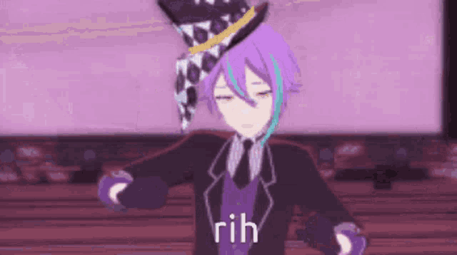 a purple haired anime character wearing a top hat and a purple suit .