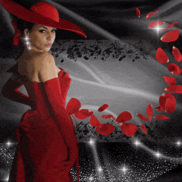 a woman in a red dress and hat is surrounded by music notes and petals