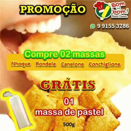 an advertisement for bom de bom massas shows a person eating some food