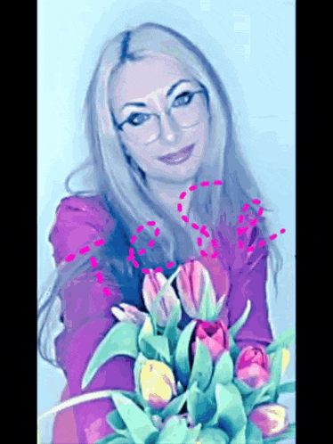 a woman wearing glasses is holding a bouquet of tulips
