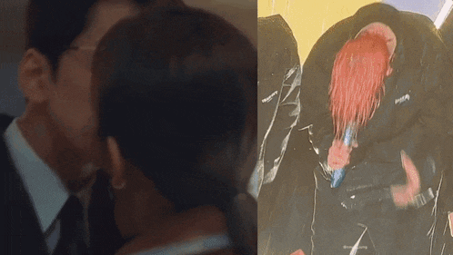 a man and a woman are kissing next to a painting of a woman with red hair .