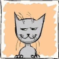 a cartoon drawing of a cat with green eyes and a smile on its face .