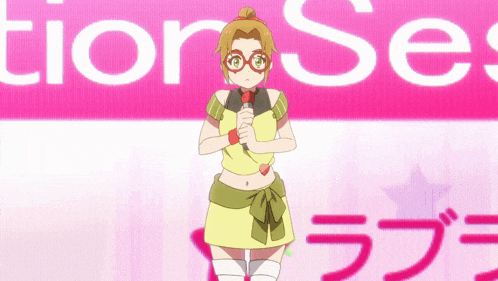 a girl is holding a microphone in front of a pink sign that says tion sex