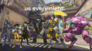 a group of video game characters standing in front of a building with the words us every night .