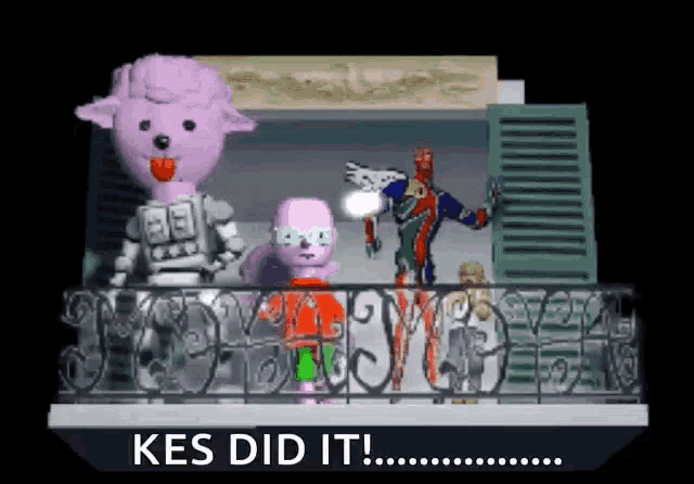 a group of cartoon characters standing on a balcony with the words kes did it at the bottom