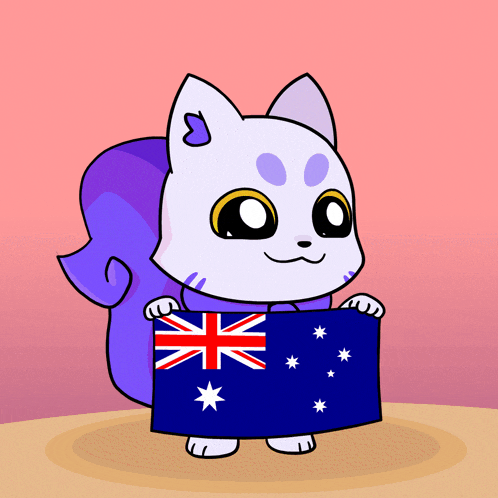 a cartoon cat with a purple tail holding an australian flag
