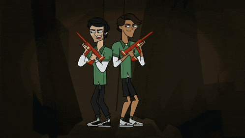 two cartoon characters are holding guns in a dark cave