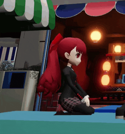 a cartoon girl with red hair is kneeling in front of a store