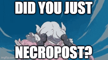 a picture of a cartoon character with the words `` did you just necroplasm '' written on it .