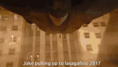 a man is flying through the air with the words " jake pulling up to lasagafest 2017 " on the bottom