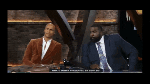 two men sitting in front of a screen that says nba 1 today presented by espn bet