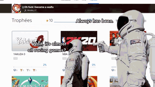 two astronauts are standing next to each other and one is pointing at a screen that says always has been