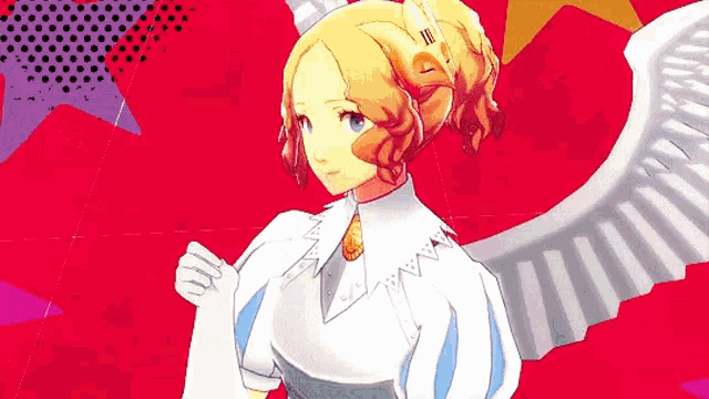 a girl with blonde hair and wings is wearing a white dress .