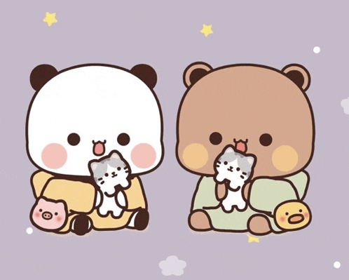 a panda bear and a brown bear are sitting next to each other eating a cat