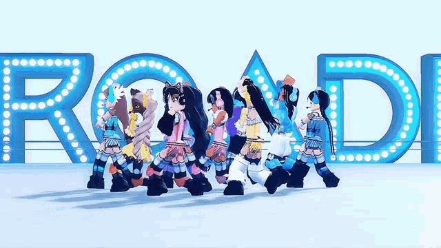 a group of girls are dancing in front of a sign that says road