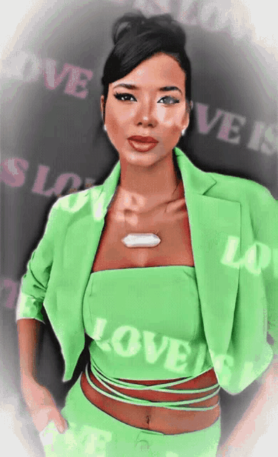 a woman in a green suit is surrounded by love letters