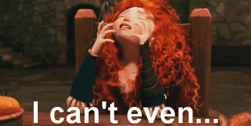 a cartoon character with red hair is sitting at a table with the words i can 't even written below her