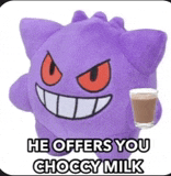 a purple stuffed animal with red eyes is holding a cup of chocolate milk .