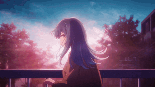 a girl with long blue hair is standing on a balcony overlooking a city