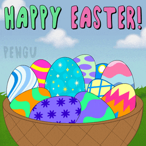 a basket full of easter eggs with the words happy easter written above it