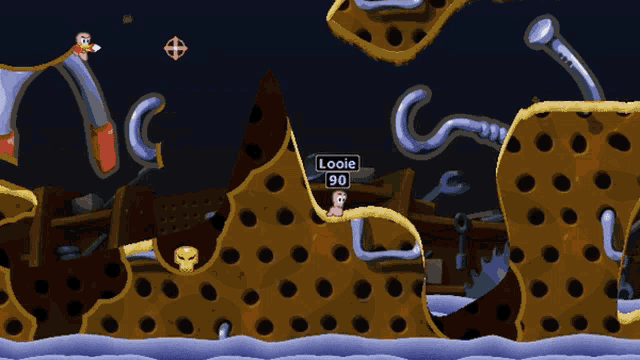 a worm in a video game has the number 90 on its head