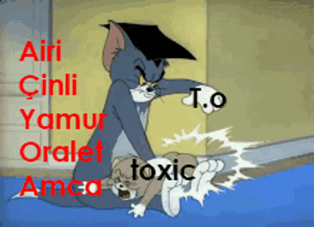 a cartoon of tom and jerry with the words " toxic " on the bottom right