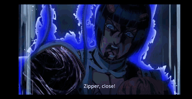 a close up of a person 's face with the words `` zipper , close '' written on it .