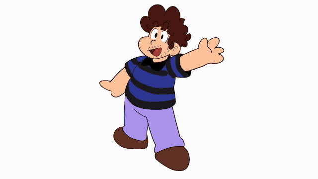 a cartoon character with brown hair and a blue and black striped shirt