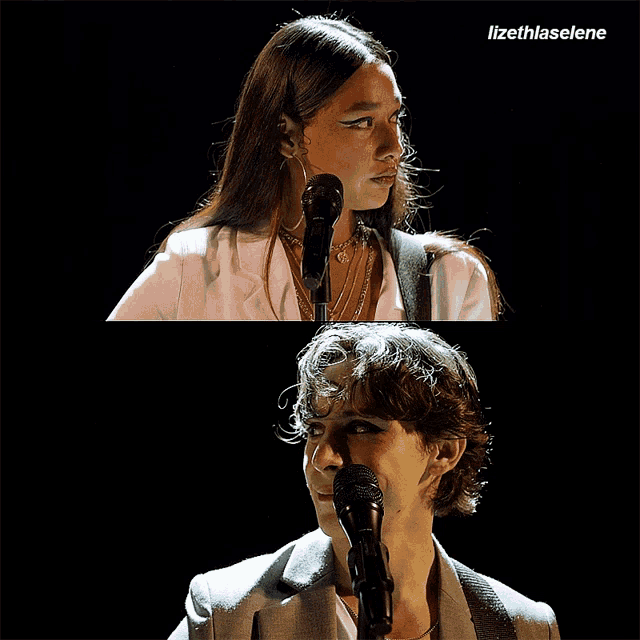 a woman singing into a microphone next to a man singing into another microphone