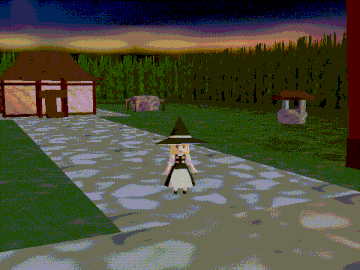 a girl in a witch hat is walking down a path in a video game