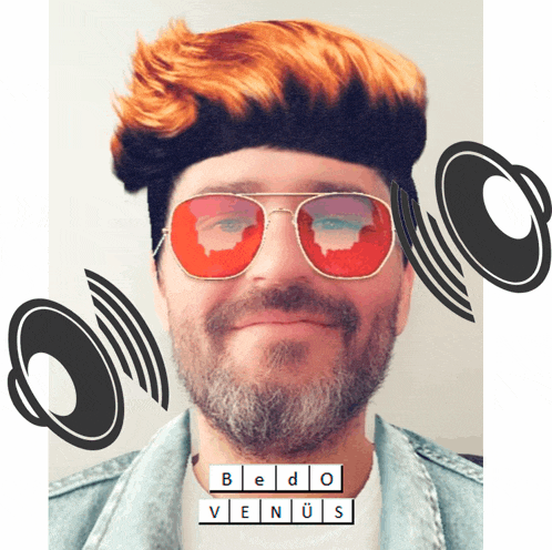 a man with a beard wearing red sunglasses and a bedo venus logo