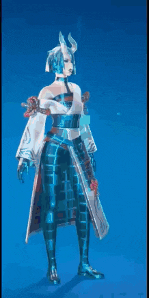 a woman with horns and a sword is standing on a blue background .