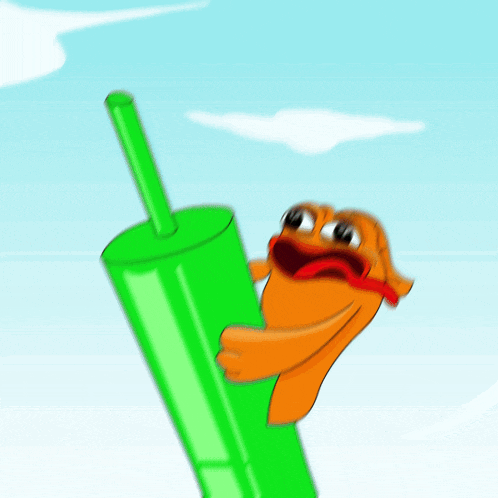a cartoon character is holding a green tube with a straw