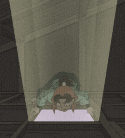 a cartoon character in a dark room with a spotlight shining on him