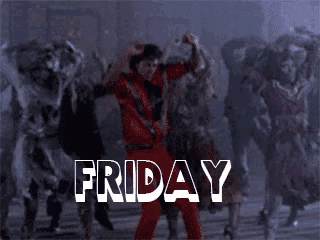 a group of people are dancing in front of a sign that says " friday "