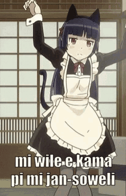 a girl in a maid costume is dancing with the words mi wile-e-kama pi mi jan-soweli