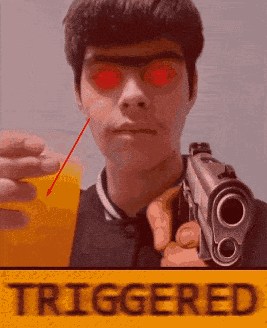 a man with red eyes is holding a gun and a glass of orange juice