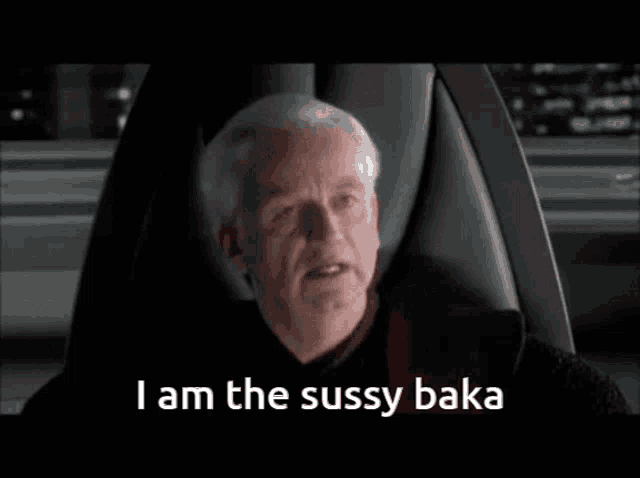 a man sitting in a chair with the words i am the sussy baka on the bottom